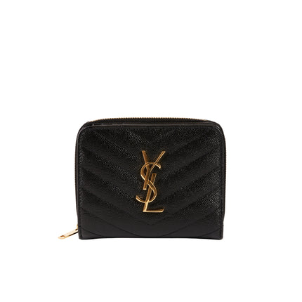 YSL Line V Stitch Leather Compact Wallet Black