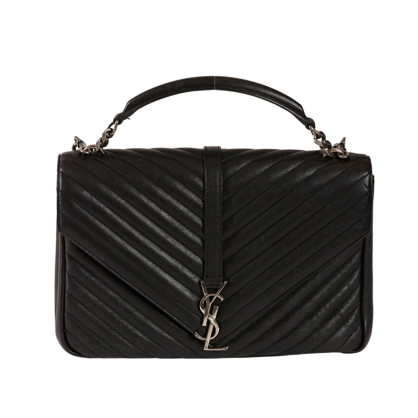 YSL Paris College Leather 2 Way Handbag Black