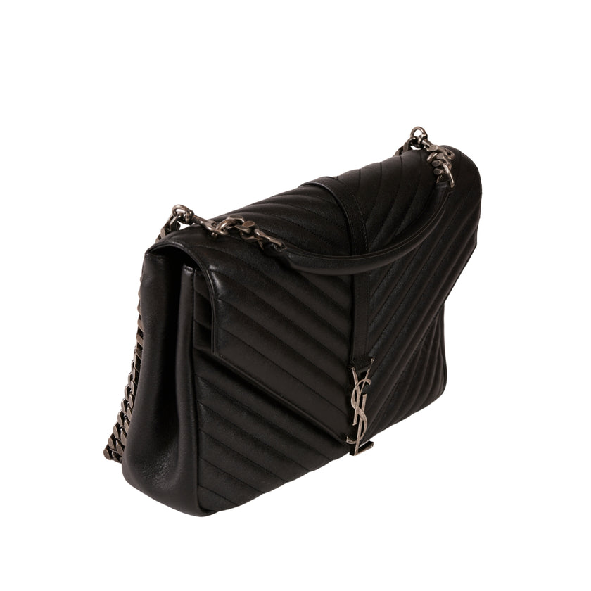 YSL Paris College Leather 2 Way Handbag Black