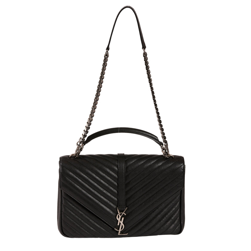 YSL Paris College Leather 2 Way Handbag Black