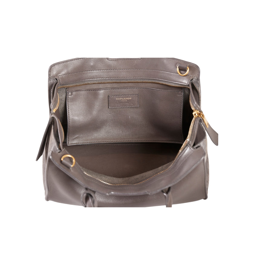 YSL Paris Downtown Cabas Leather 2 Way Handbag Gray with Strap