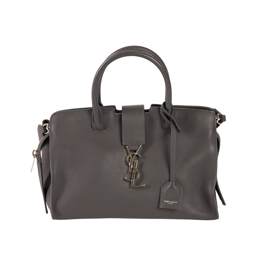 YSL Paris Downtown Cabas Leather + Suede 2 Way Handbag Gray with Strap