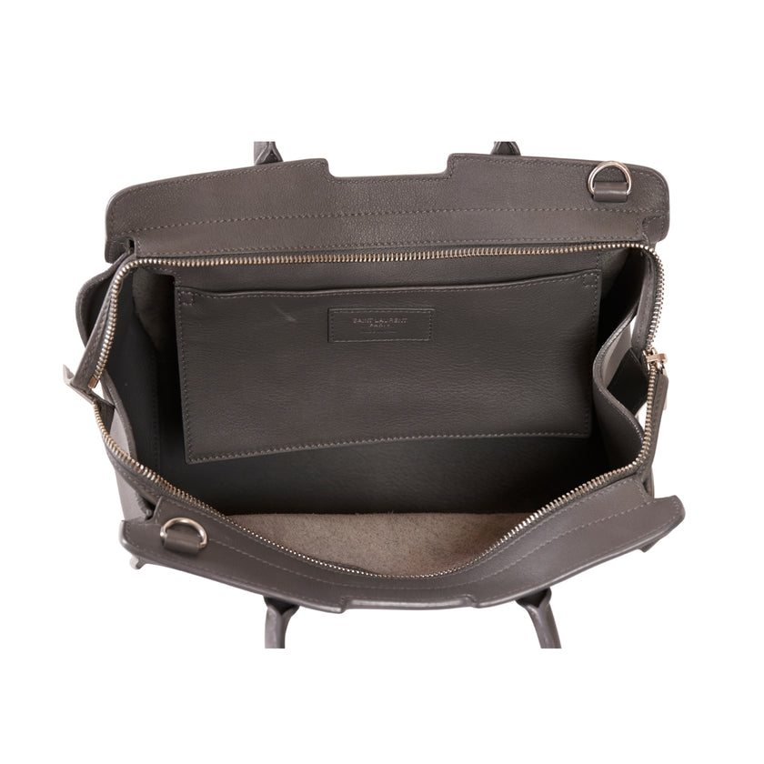 YSL Paris Downtown Cabas Leather + Suede 2 Way Handbag Gray with Strap